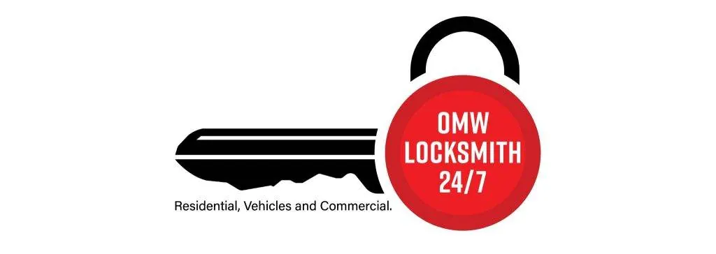 Key and padlock logo for OMW Locksmith, featuring "OMW LOCKSMITH 24/7" and text "Residential, Vehicles and Commercial," representing locksmith services.