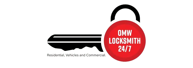 OMW Locksmith logo featuring a key and padlock, emphasizing 24/7 locksmith services for residential, vehicles, and commercial needs.