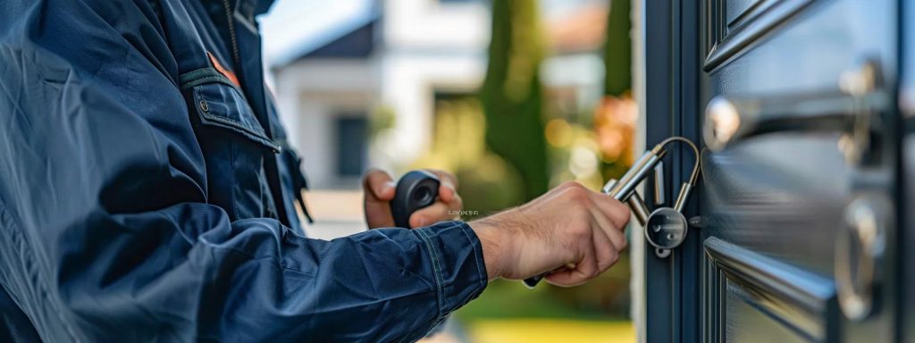 Locksmith using tools to unlock a door, emphasizing emergency locksmith services for home and auto security.