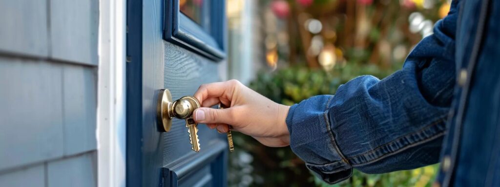 Person inserting key into a brass doorknob on a blue door, symbolizing locksmith services and home security solutions in Harrisburg, MO.