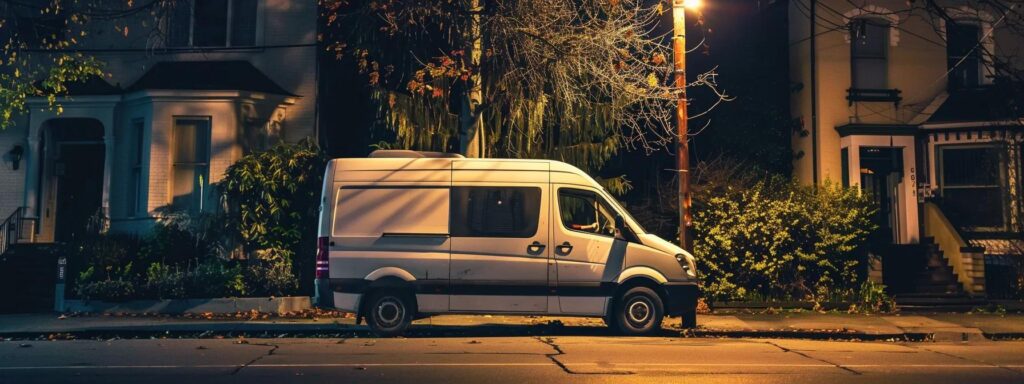 Mobile locksmith van providing emergency services to a homeowner at night