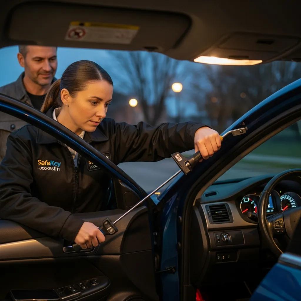 Automotive locksmith providing emergency car lockout services at night