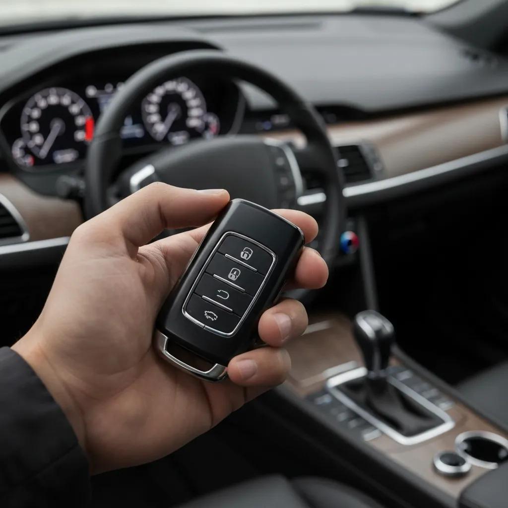 Close-up of a car key fob held in hand, emphasizing vehicle access and security