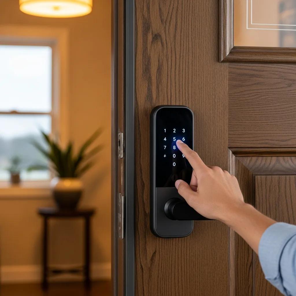 Close-up of a hand entering a code on a smart lock installed on a residential door, illustrating modern security solutions in Harrisburg, MO.
