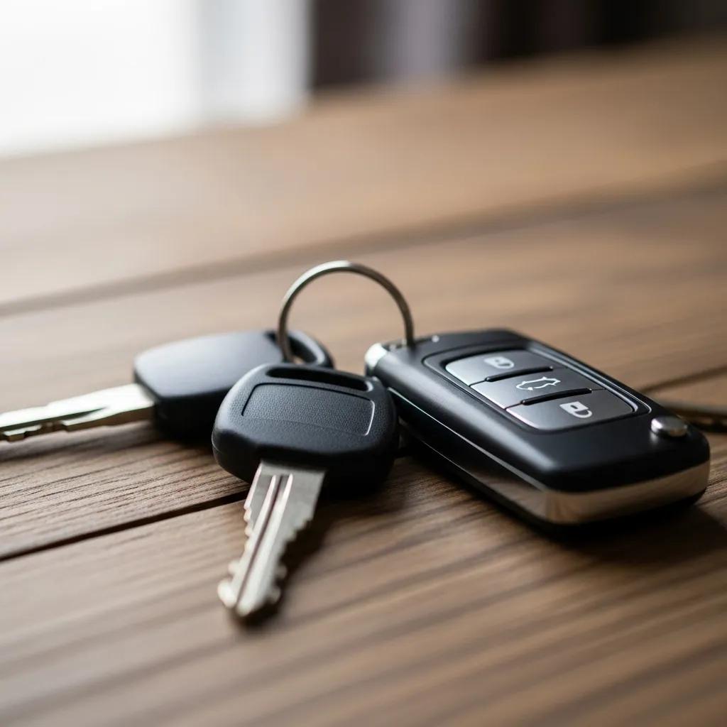 Close-up of various car keys including mechanical, transponder, and smart key fob, emphasizing car key replacement services