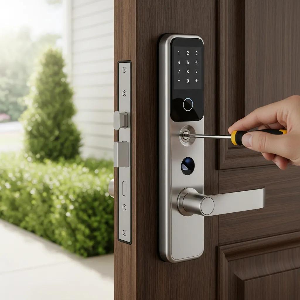 Installation of a modern smart lock on a front door for enhanced home security