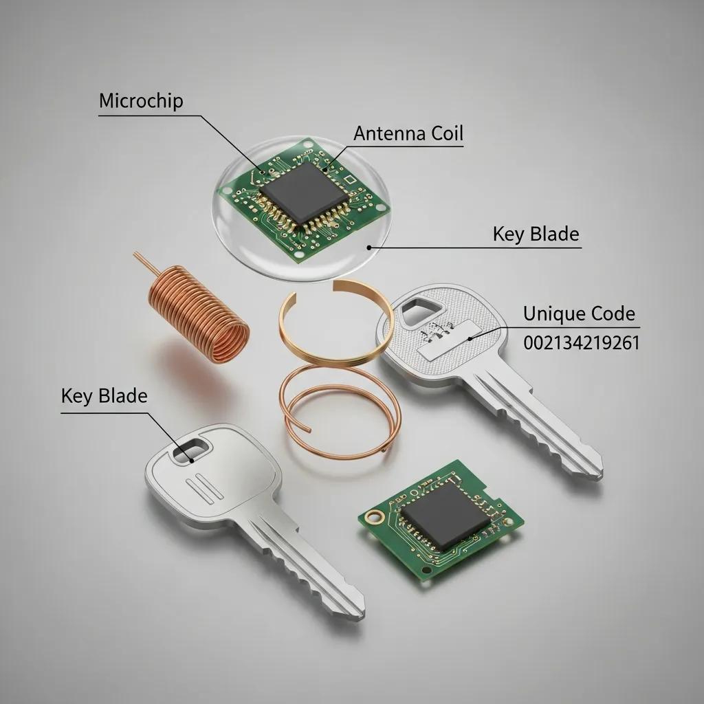 Close-up of a transponder key showing the microchip, antenna coil, and unique encoded identifier