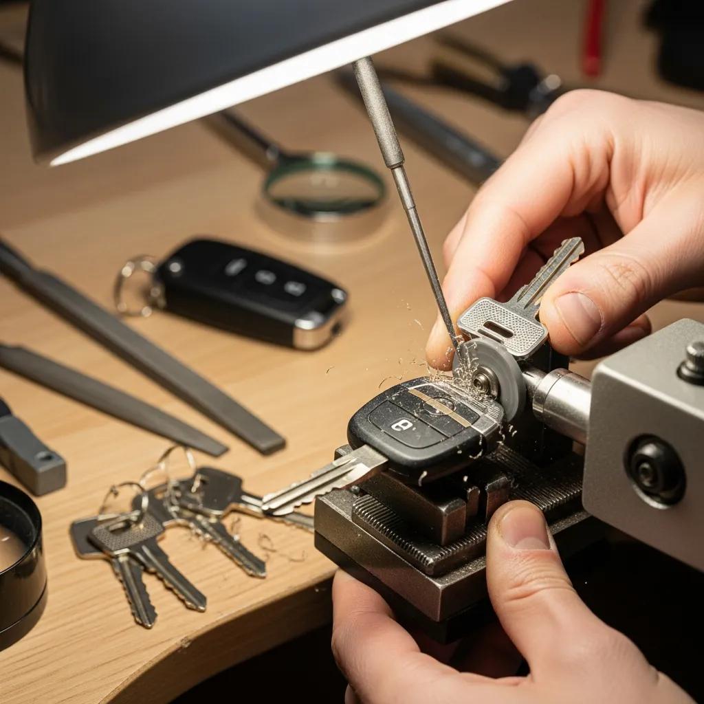 Technician cutting and programming a car key