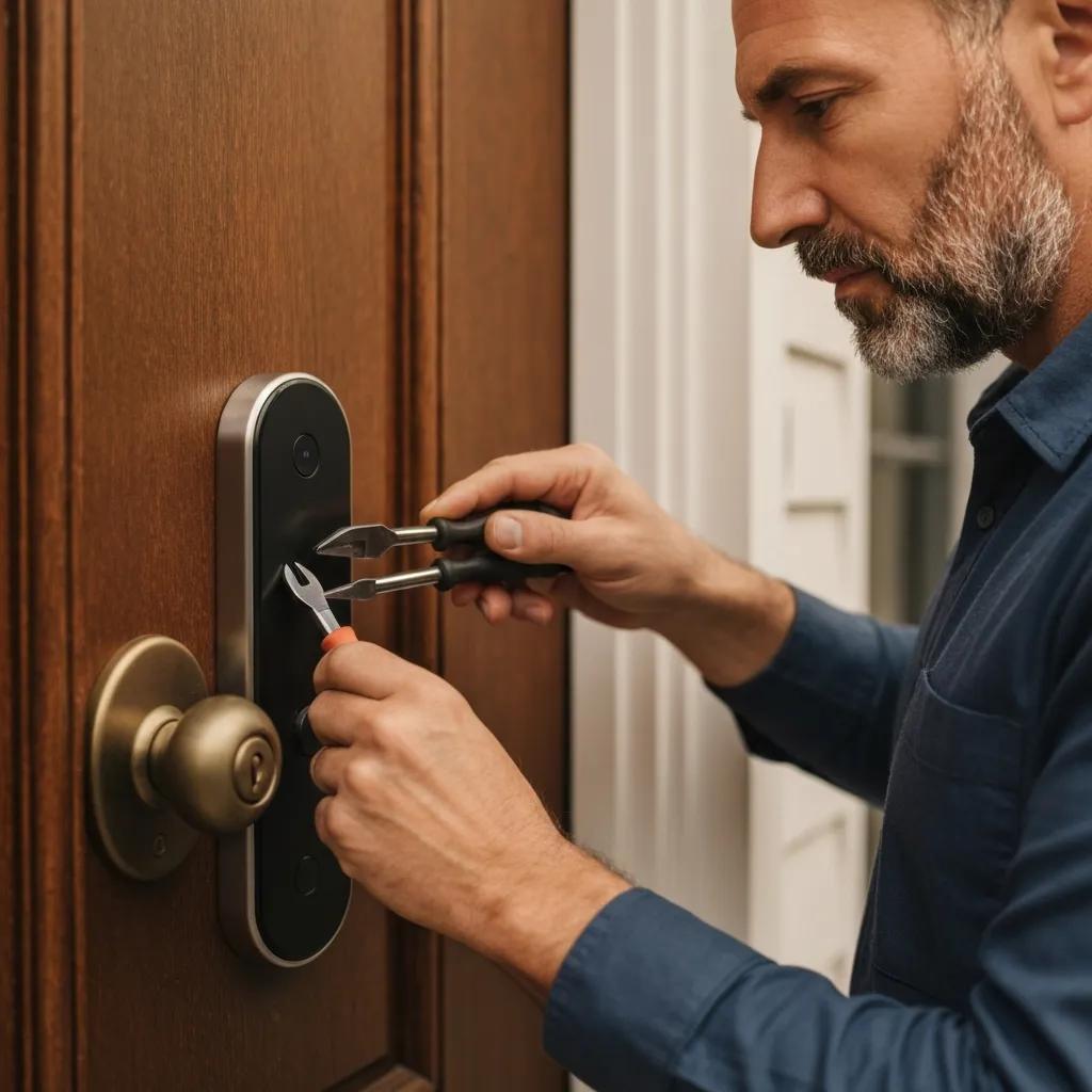 Locksmith installing a smart lock on a residential door in Columbia, MO, using tools for secure access solutions.