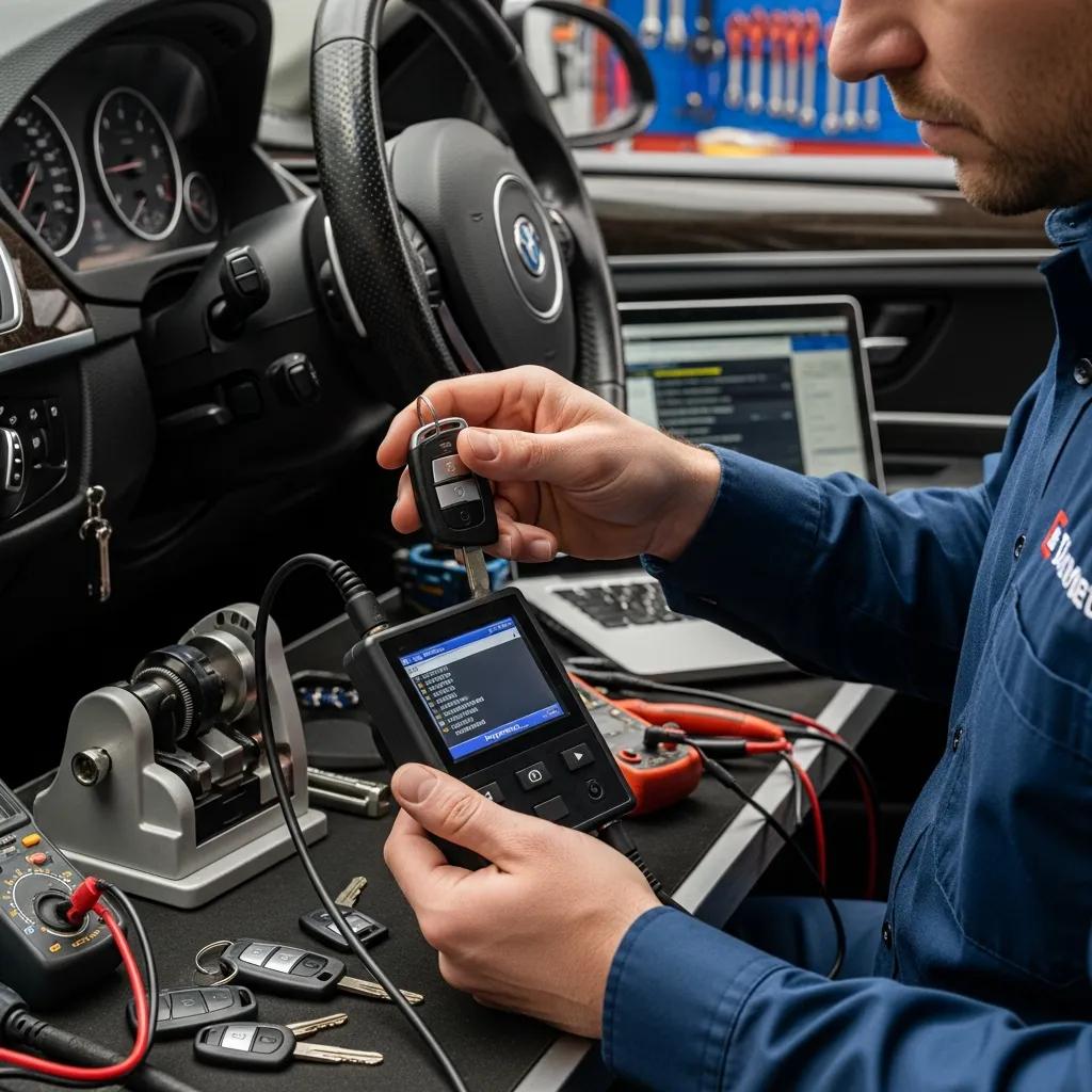 Locksmith programming a transponder key for a vehicle, showcasing professional tools and expertise
