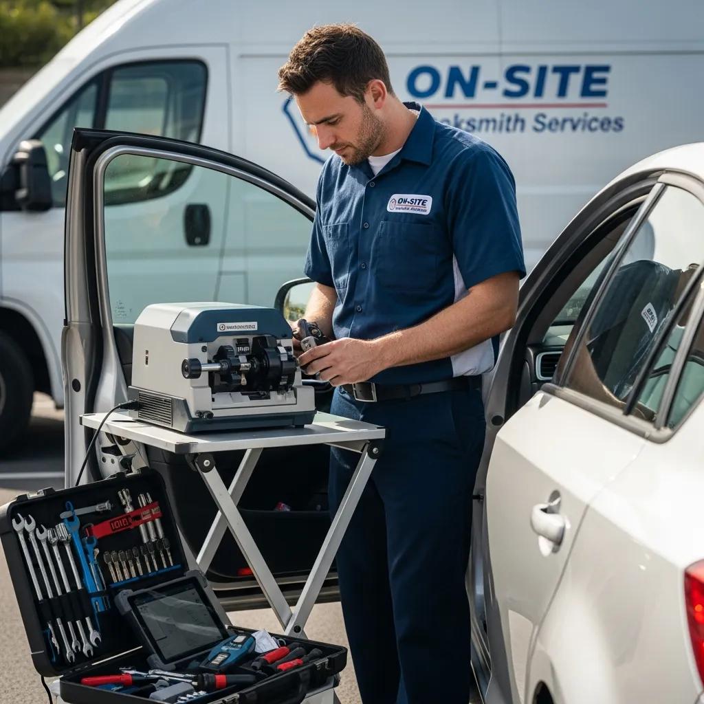 Mobile locksmith cutting a car key on-site, demonstrating on-site car key cutting and programming services