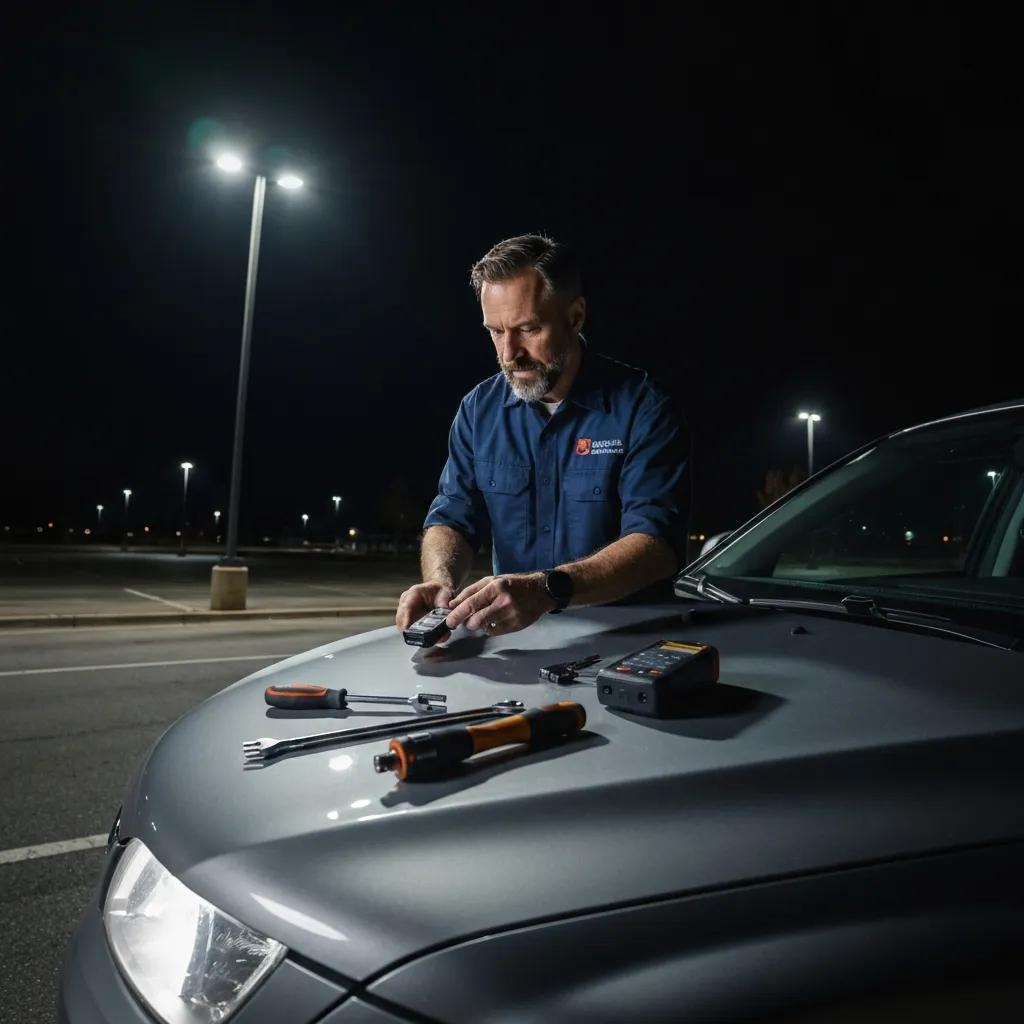 Mobile locksmith programming a car key fob at night &mdash; reliable, professional service