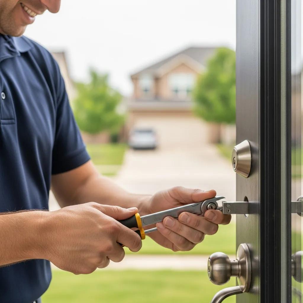 Professional locksmith repairing a residential door lock in Kingdom City, MO, emphasizing security and expert service.