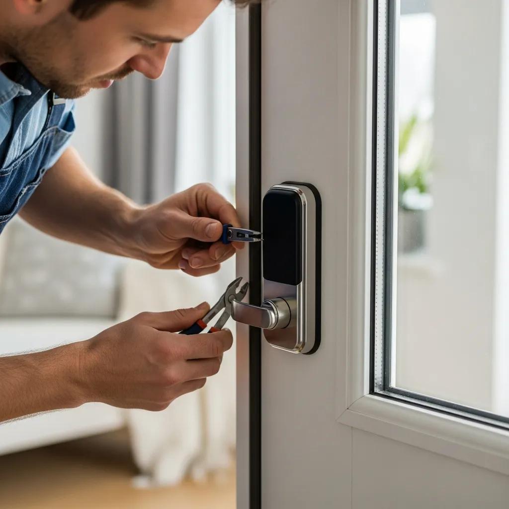 Technician installing a modern smart lock on a front door, showcasing advanced security features for Kingdom City homes.
