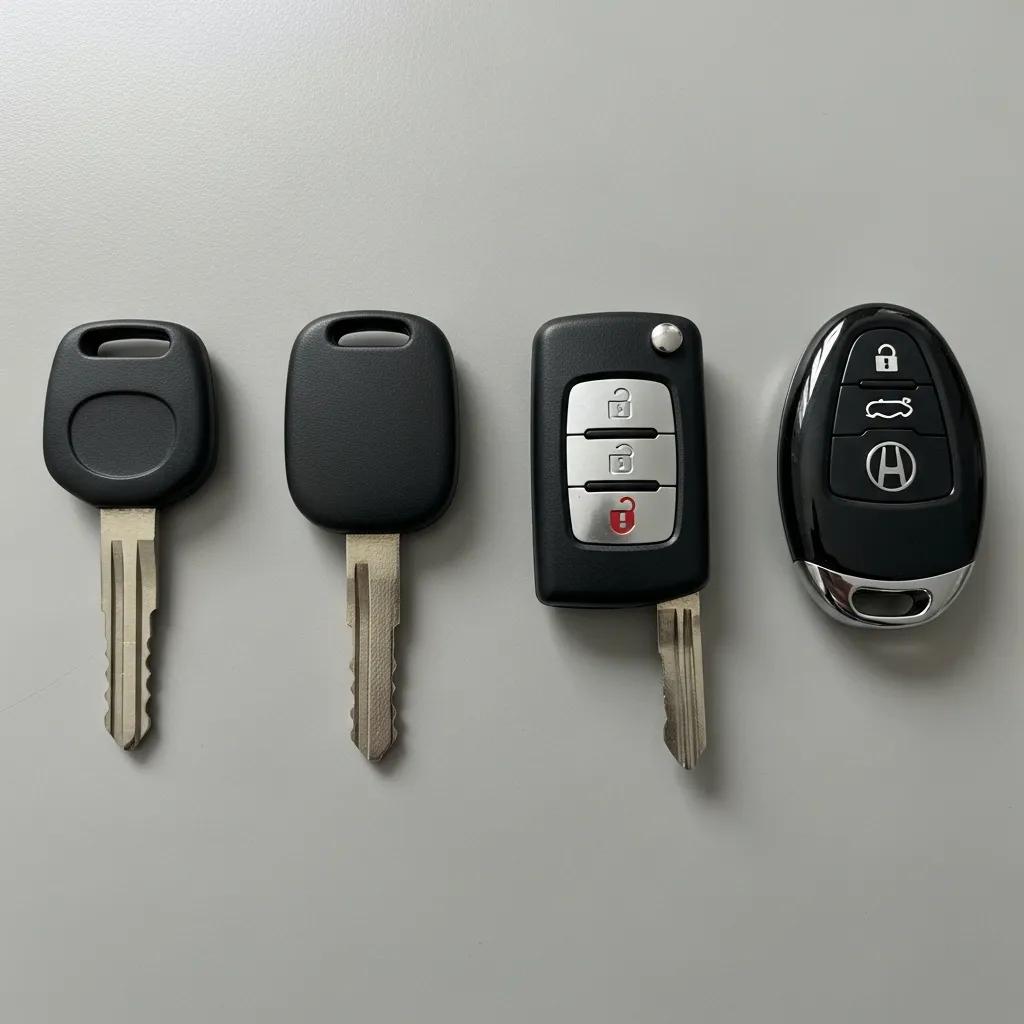 Various types of car keys including traditional metal keys, transponder keys, remote keys, and smart keys, displayed side by side on a neutral background, illustrating the range of automotive key technologies relevant for replacement and programming services.