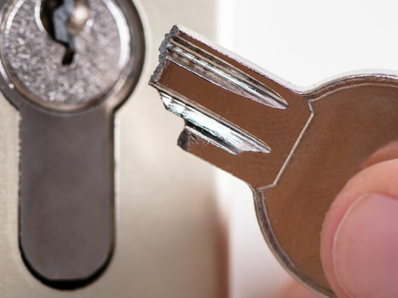 Key being inserted into a lock, representing locksmith services for broken key extraction and security restoration.