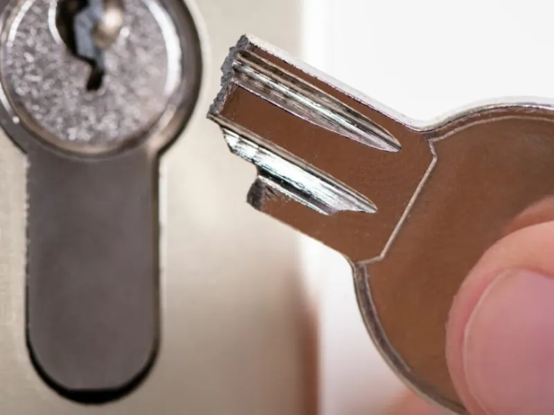 Key being inserted into a lock, representing locksmith services for broken key extraction and security restoration.