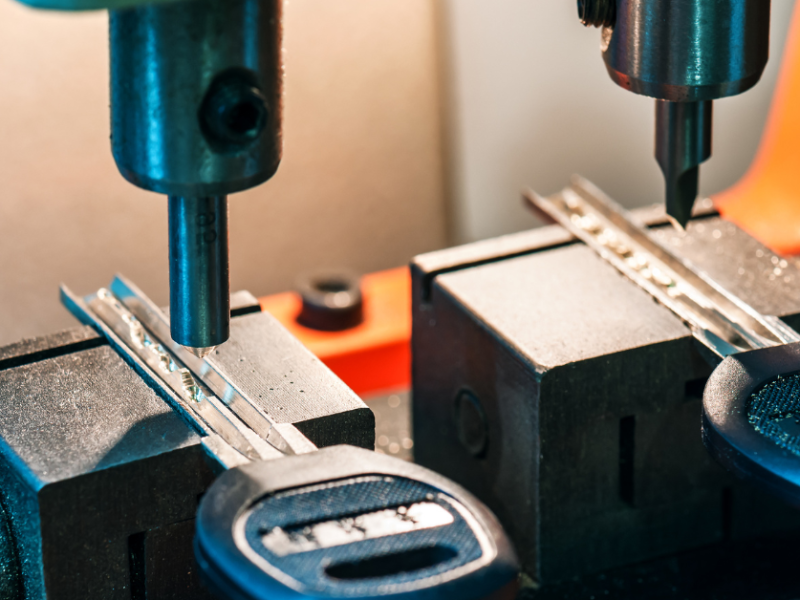 Key duplication process in locksmith workshop, featuring automotive keys and key cutting machinery.